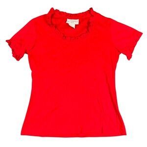 Peter Popovitch Red Ruffle Neck Short Sleeve Knit Top Large Style 63